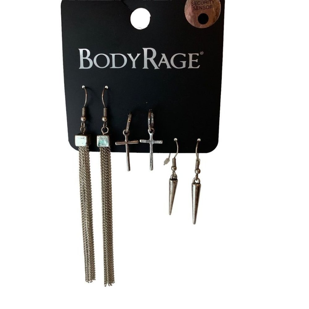 Spencers BodyRage 3 Pack Silvertone Earrings Tassel Cross Spike Pierced New